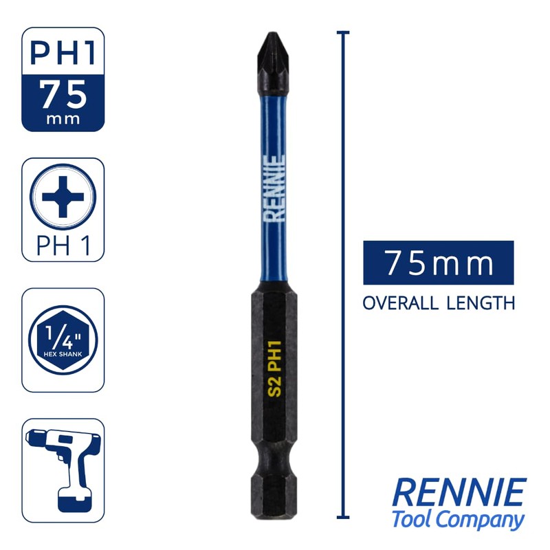 10 x Rennie Tools 75mm Long PH1 Impact Screwdriver Driver