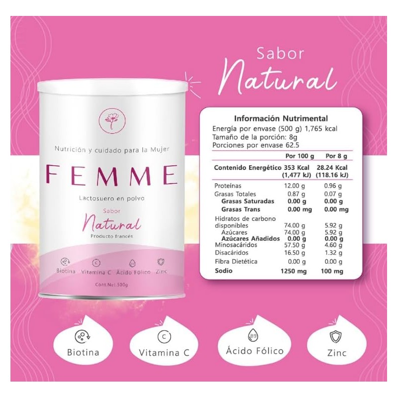 Femme Lactosuero en Polvo Natural, Nutrición y Cuidado para la