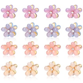 CWJCYTNSN 16PCS Small Hair Claw Clips for Women Girls, Mini Crystal Flower Hair Clips, 0.8" Cute Metal Hair Pins, Nonslip Flower Bangs Side Clips for Thick Curly Hair Accessories
