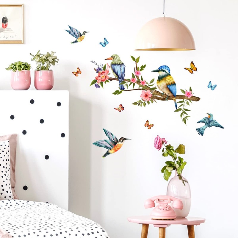 WOHAHA Summer Birds Tree Branch Wall Decals Hummingbirds Flower Butterfly
