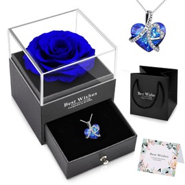 NEWUPZSI Preserved Rose Real Eternal Rose Flowers Jewellery Blue Gift Women with Splitter Necklace for Valentine's Day, Mother's Day, Birthday