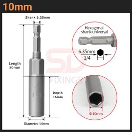 6-19mm Quick-Change 1/4 inch Hex Shank Metric Deep Socket Screwdriver Impact Nut Setter Extractor Remover Driver Drill Bit, 80mm Length, for Electric Manual Impact Screwdriver (1, 10mm)