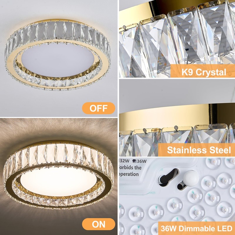 Suenigle Modern K9 Crystal Dimmable LED Flush Mount Ceiling Light,15