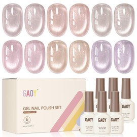 GAOY Glassy Cat Eye Gel Nail Polish Set with Magnet, 6 Colors Nude Pink Purple for Spring, Sheer Holographic Glitter Shimmer, Soak Off UV Gel Polish for Salon & DIY Nail Art