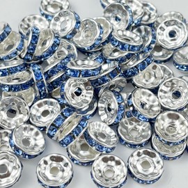 Honkoolly 120pcs 6mm Rondelle Spacer Beads Silver Plated Crystal Rhinestone Spacer Loose Beads for Jewelry Making DIY Bracelets Necklace Earring Craft(Light Blue)