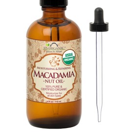 Aceite orgánico de nueces de macadamia virgen sin refinar, certificado orgánico, puro y natural, prensado en frío, en botella de vidrio ámbar con cuentagotas de vidrio para una fácil aplicación (4 onzas (grande)