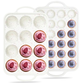 AOTASO Regular 12 Cup and Mini 24 Cup Nonstick Cupcake Pan Set Silicone Muffin Pan for Baking Silicone Cupcake Mold with Metal Reinforced Frame BPA Free (2 Pcs, Cream)