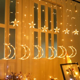 FUCHSUN LED Moon Star Curtain String Lights, 138 LED USB Powered Fairy Hanging Lights with Remote Control 8 Lighting Modes 6-Hour Timer Waterproof for Bedroom Wall Window Christmas Decoration (Moon)