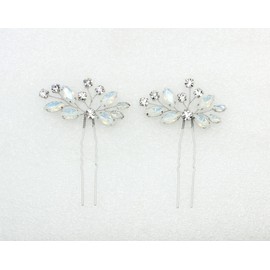 Faship Gorgeous Clear White Opal Rhinestone Crystal Floral Bridal Hair Pins Accessories 2 Pcs
