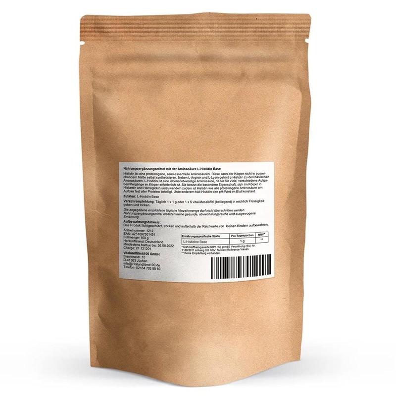 L-Histidine Base Powder 100 g - Proteinogenic, Semi-Essential Amino Acid