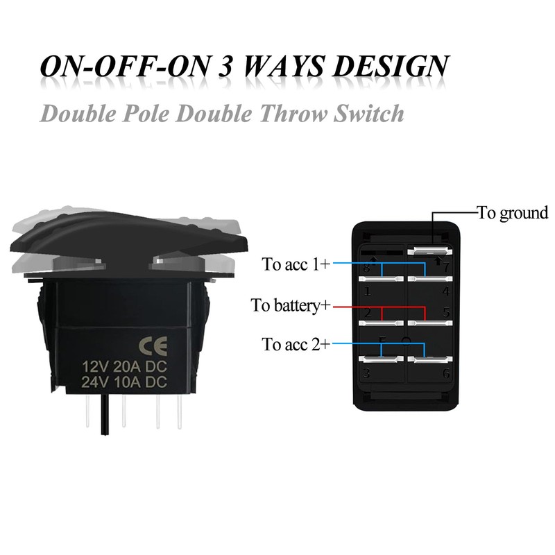 3 Way Maintained Rocker Switch 7Pin ON-Off-ON 12V 20A DPDT