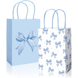 JarThenaAMCS 24Pcs Blue Bow Paper Bags Cute Bow Knot Treat Bags with Handles White Candy Goodie Bags Grocery Shopping Bags for Coquette Birthday Party Favors Supplies