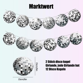 2 Stück Glitzer Discokugel Deko Girlande Banner, Disco Party Dekorationen,Discokugel Wirbel Girlanden Deko für Geburtstag, Karneval, 80er 90er Jahre Disco Party Deko (Silber)