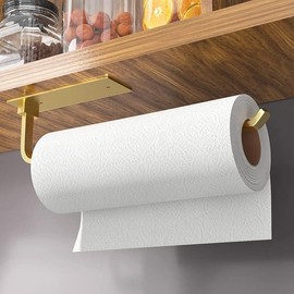 Paper Towel Holder - Self-Adhesive or Drilling, Matte Black Paper Towel Rack Under Cabinet for Kitchen, Upgraded Aluminum Kitchen Roll Holder - Lighter but Stronger Than Stainless Steel! - Color: Gold