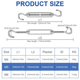 ANOMM 6PCS M5 Turnbuckle Wire Tensioner, 304 Stainless Steel Adjustable Turnbuckle Hook, Eye Rope Cable Tension, Heavy Duty Sun Shade Sail Fixing for Rope Tightener, Garden Wire, ClotheslineTensioner