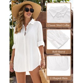 Jyanl Swimsuit Coverup for Women Bathing Suit Cover Up Beach Shirt Casual V Neck Button Down Shirt Dress Bikini Swimwear Coverups Vacation Outfits White