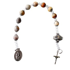 Our Lady of Mount Carmel Patron of The Carmelites Round Coconut Brown Marble Glass Beads Chaplet or Pocket Rosary Large Disc Silver Plated Pater Noster Crucifix and Medal Includes Blessed Prayer Card