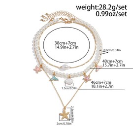 Todu 3Pcs Boho Seashell Starfish Pendant Necklace Imitation Pearl Layered Colorful Beaded Choker Necklace Ocean Summer Beach Fashion Jewelry Gift For Women