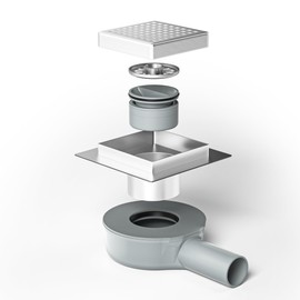 Bernkot Shower Drain Square 10 x 10 cm, 360° Siphon with Odour Stop and Hair Strainer Stainless Steel Drain Channel Floor Drain Shower Drain Very Flat DN50 DN40