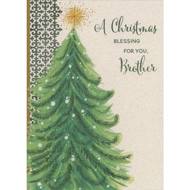 Designer Greetings Blessing for You: Large Fluffy Pine Tree Topped with Shimmering Gold Star Religious Christmas Card for Brother