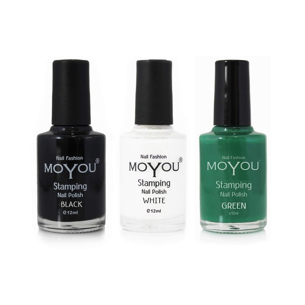 MoYou Nails Original Image plate Bundle of 3 Stamping Nail Polish – Black, White and Green Colours Used to Beautiful Nail Art Designs are Direct from the Manufacturer