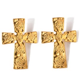 Bi&Yamigeo Chunky Hammered Cross Stud Earrings Vintage Gold Plated Metal Thick Large Swirls Pattern Religious Dupe Jewelry for Women