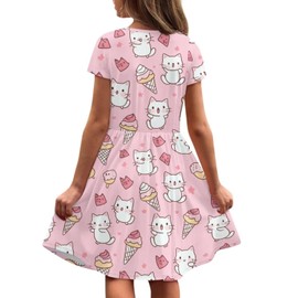 XXQGOMG Cute Cat Summer Dresses for Girls 9-10 Short Sundress with Side Pocket Scoop Neck Summer Clothes High Waisted Birthday Party Dress for Girls Back to School Outfits