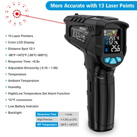 Infrared Thermometer MESTEK Digital Laser Temperature Gun IR Non-Contact with Humidity Color LCD Screen -58℉~1472℉(-50℃~800℃) Adjustable Emissivity Alarm Cooking BBQ Oven Pizza Car Fridge