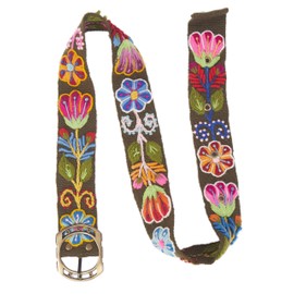 RAYMIS Embroidered Belt For Women | Colorful Flower Woven Belt | Multicolor Floral Women Belt | Embroidery Mexican Style Belt, Military Green, Medium