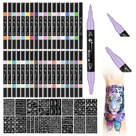Temporary Tattoos Markers for Skin, 36 Body Markers+612 Large Tattoo Stencils, Temporary Tattoos for Kids and Adults, Dual-End Tattoo Pens, Bright colors, Flexible Brush Tip, Cosmetic-Grade, Skin-Safe