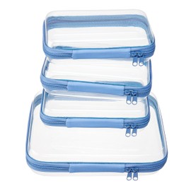 WELPIRT 4 pcs Clear Zipper Pouches,Hard Shell Zipper Case, Toiletry Bag for Travel, CLear Diaper Bag, Toiletry Pouch, Travel Organizer, Clear Cosmetic Bag,Toy Storage Bins (M+3S) (Blue)