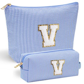 YOOLIFE Initial Makeup Bag Gifts - 2 Pieces Make Up Bag Makeup Pouch Travel Makeup Bag Cosmetic Bags for Women Makeup Organizer Bag Small Makeup Brush Bag Women Gifts Daughter Gifts for Women Letter V