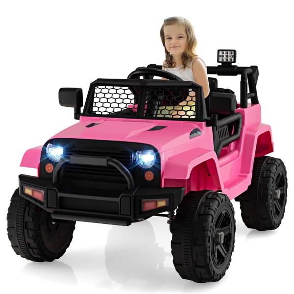 GLACER 12V Kids Ride On Car, Electric Vehicle Jeep w/Parental Remote, Music, Horn, Headlights, Slow Start Function, Spring Suspension, Vehicle Toy Car for Boys & Girls Over 3 Years Old (Pink)
