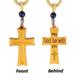 Yellow Cross Necklace With faith text Engraved on Wooden back, Gift for Men Women Boys Girls, Christian catholic Jesus cross pendant for Car mirror hanging and all holiday Gifts