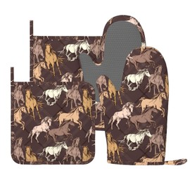 Vintage Horse Oven Mitts and Pot Holders Sets, 4pcs Silicone Non-Slip Kitchen Mitts Potholders Heat Resistant BBQ Gloves Hot Pads for Cooking Grilling Baking Microwave Chef Gifts Decor