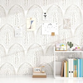 Modern Peel and Stick Wallpaper Boho Contact Paper 17.3''×78.8'' Self Adhesive Removable Wallpaper Peel and Stick Wall Paper Beige and White Wallpapers for Bedroom Bathroom Cabinets Decor Vinyl