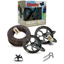 Strata Mocha Harmony Clothesline Outdoor Heavy Duty Kit - 150 Feet Galvanized Wire PVC Coating, 6.5" Aged Bronze Clothesline Pulley 2pcs, Aged Bronze Metal Mini Winch Tightener 1pc & 2 Metal Hooks