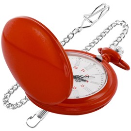Red Smooth Cover Quartz Pocket Watch, Fashionable Roman Digital White Dial with Waist Chain Pocket Watches for Men