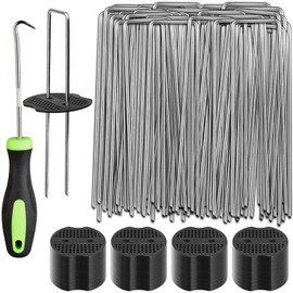 101Pcs Garden Stakes Staples Kit, 50Pcs 6 Inch U-Shaped Landscape Staples, 50Pcs Fixing Gasket with 1Pc Pick Hook for Weed Barrier Fabric, Ground Cover, Holding Fence and Artificial Turf