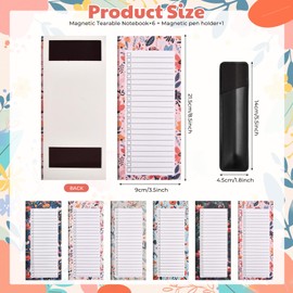 Pack of 6 Magnetic Notepads, Removable, Shopping List, Magnetic Fridge with Magnetic Pen Holder and Check Box, 50 Sheets/Pad, Flower Design, Shopping List Pad, 21 x 9 cm
