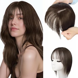 SSKHE Perücke Damen,Ponytail Extension,Kurze Perücken in Bangs mit Schläfen, haarteile echthaar,Natürliche braune Farbe geeignet für den täglichen Gebrauch