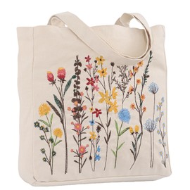 Perseverance Trade Aesthetic Embroidery Canvas Tote Bag for Women Wildflower Shoulder Bag with Magnetic Buckle and Zipper Inner Pocket Reusable Cotton Bag for Shopping Grocery Beach Work Book Gift