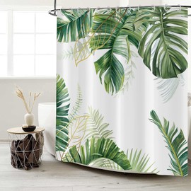 GCIREC Tropical Plants Shower Curtain, Green Botanical Palms Monstera Leaf Gold Banana Leaves Bathroom Curtain Home Decor Waterproof Fabric Machine Washable with 12 Hooks