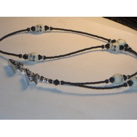 Black Double Skulls Handmade Eyeglass Chain Glass Seed Beads 28 inches with Padded Clips