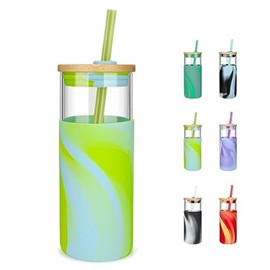 Tronco 20 oz Glass Tumbler with Straw and Lid- Glass Cup with Lid and Straw, Iced Coffee Cup Reusable, Smoothie Cups, Bamboo Lid and Protective Silicone Sleeve - BPA-Free