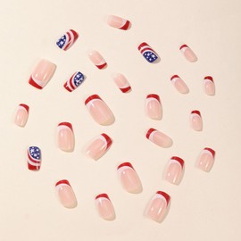 24Pcs Independence Day Press on Nails Square Red White Blue Star with Stripes Design 4th of July Fake Nails Glossy Glue on Nails Artificial Acrylic Nails Stick on Nails False Nails for Women