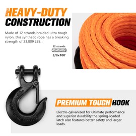 BUNKER INDUST Synthetic Winch Rope Kit,3/8" x 100' 23809LBS Winch Line Cable Replacement with Protective Sleeve+Winch Fairlead+Hook for 4WD Off Road Vehicle Jeep Truck ATV UTV SUV(Orange)