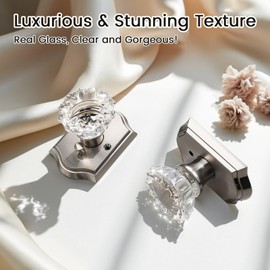 KNOBWELL Glass Door Knobs Interior, Vintage Privacy Crystal Door Knobs for Bedroom &Bathroom, Satin Nickel Door Locksets, Push Pin Button Inside Lock, 1 Pack