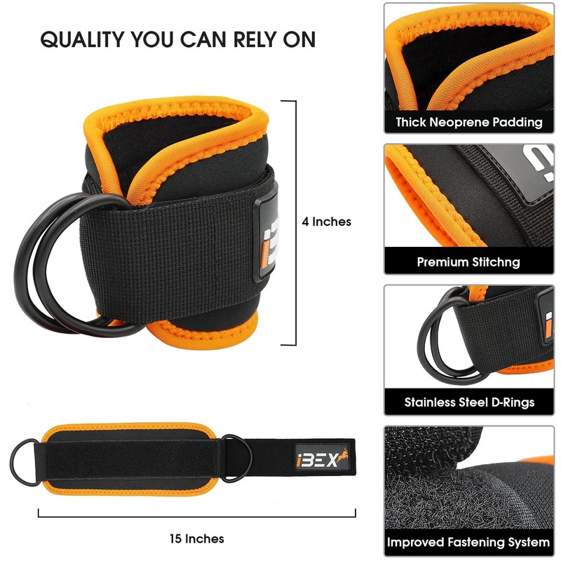 iBEX Ankle Straps with Adjustable Neoprene Support for Cable Machine