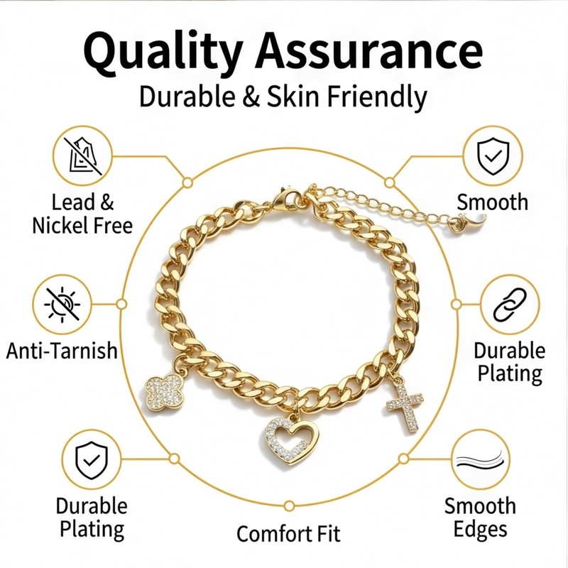 JTK Design Women Curb Chain Charm Bracelet Faith Love Lucky